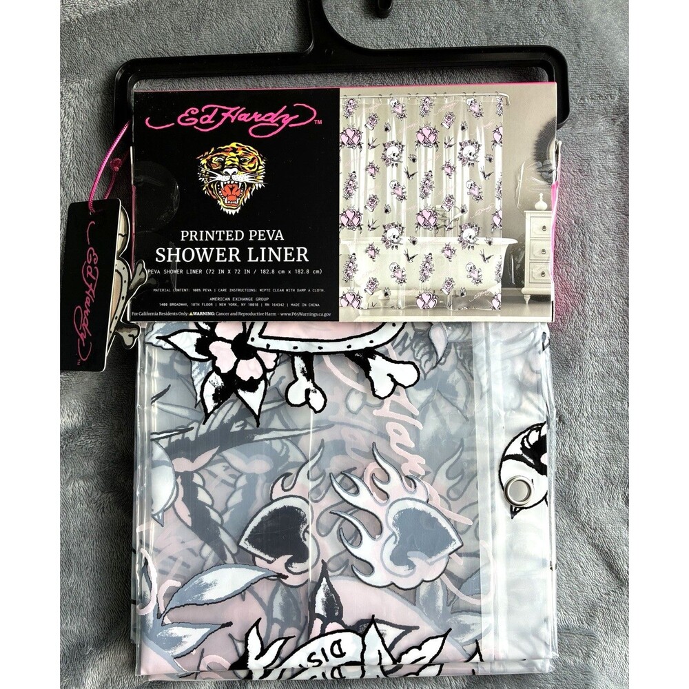 Ed Hardy Love Skull Shower Curtain Liner 72x72 Tattoo Hearts PEVA New